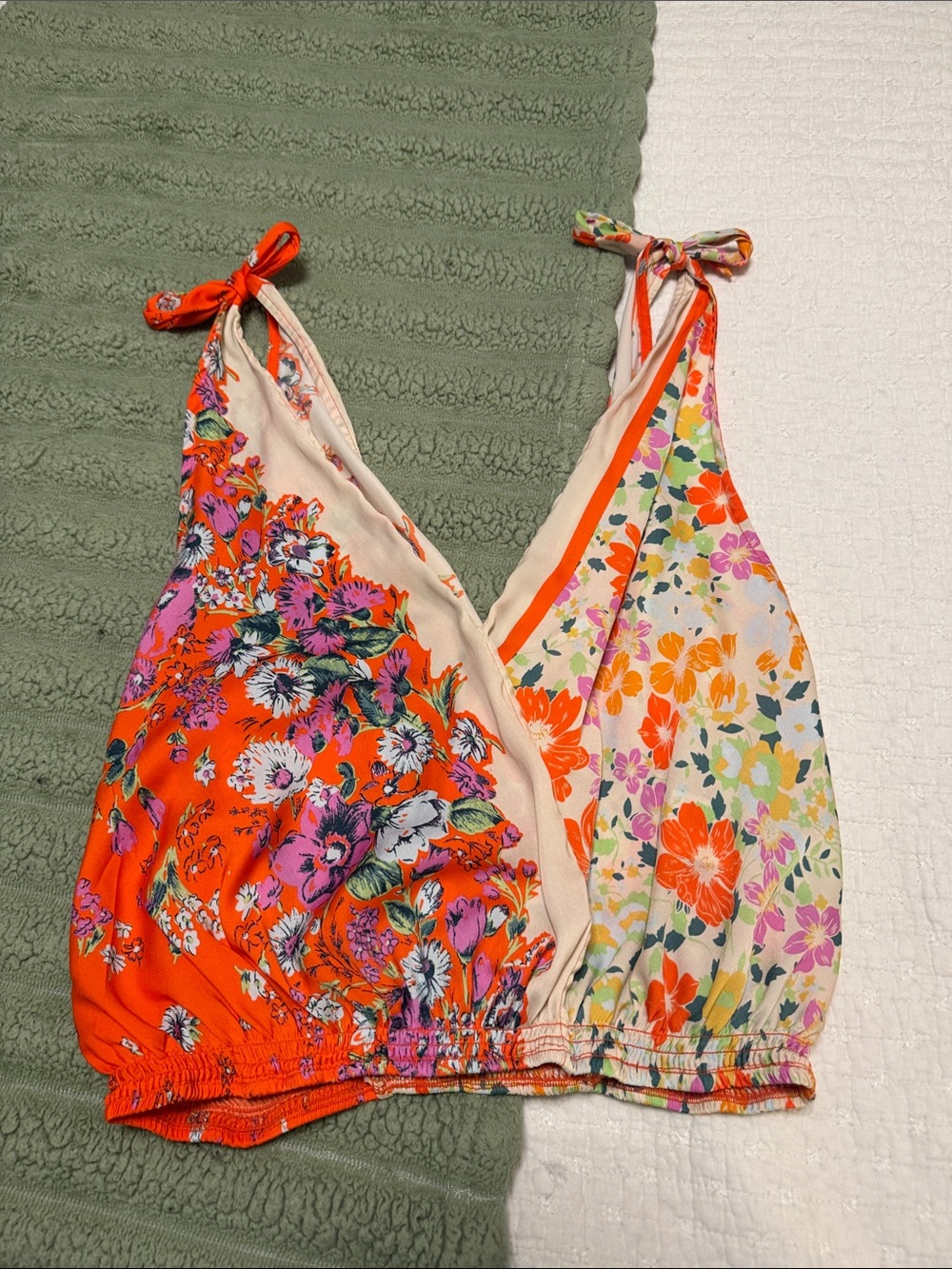 Free People Floral Tie-Shoulder V-Neck Crop Top - Orange & Cream